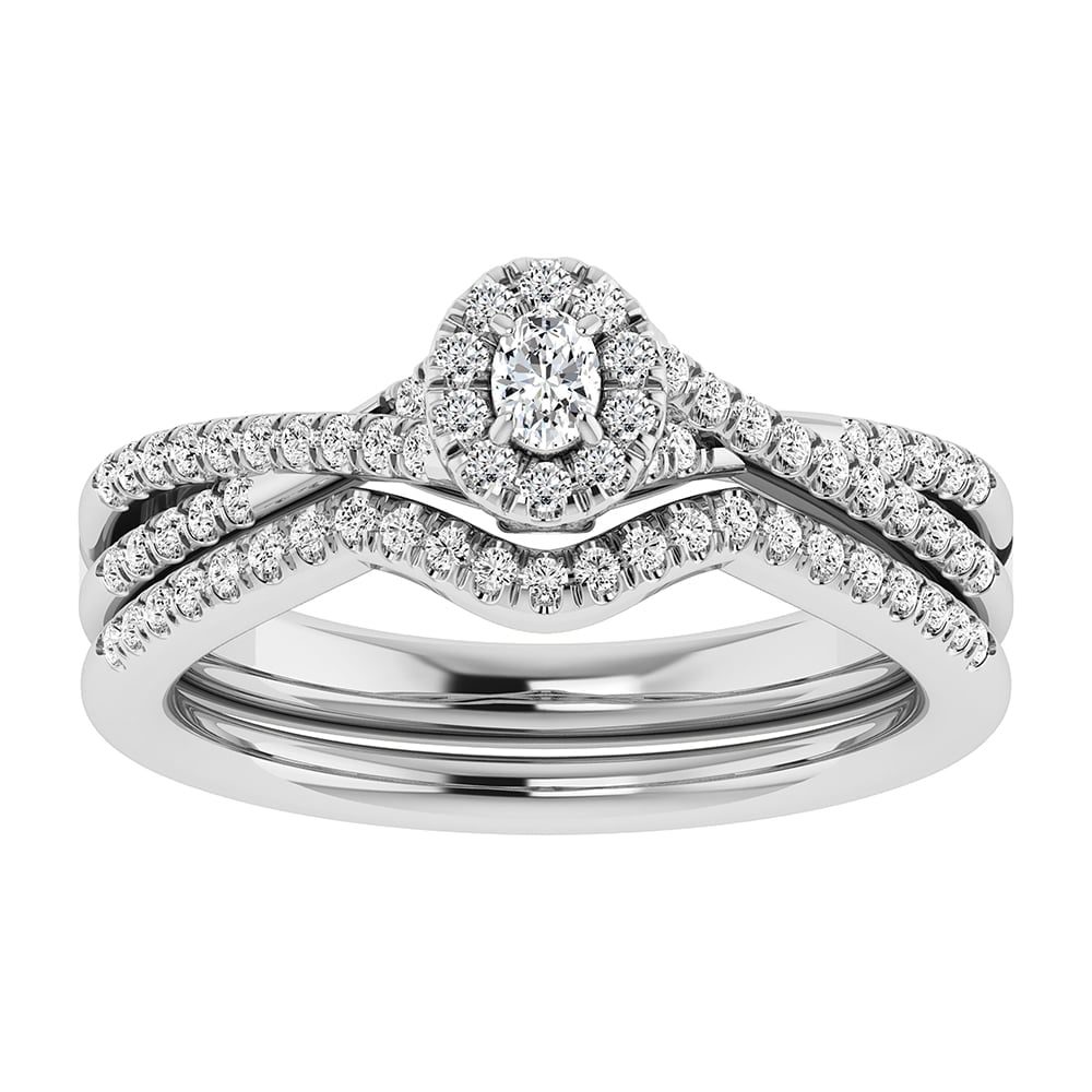 Oval and Round Diamond 1/2 Ct.Tw. Bridal Ring in 10K White Gold: Oval and Round Diamond 1/2 Ct.Tw. Bridal Ring in 10K White Gold 10k White Gold Stone Color: G-h Stone Clarity: Si-i1 / I2 Each ring is presented in standard size 6.5. Complimentary resizing is availab