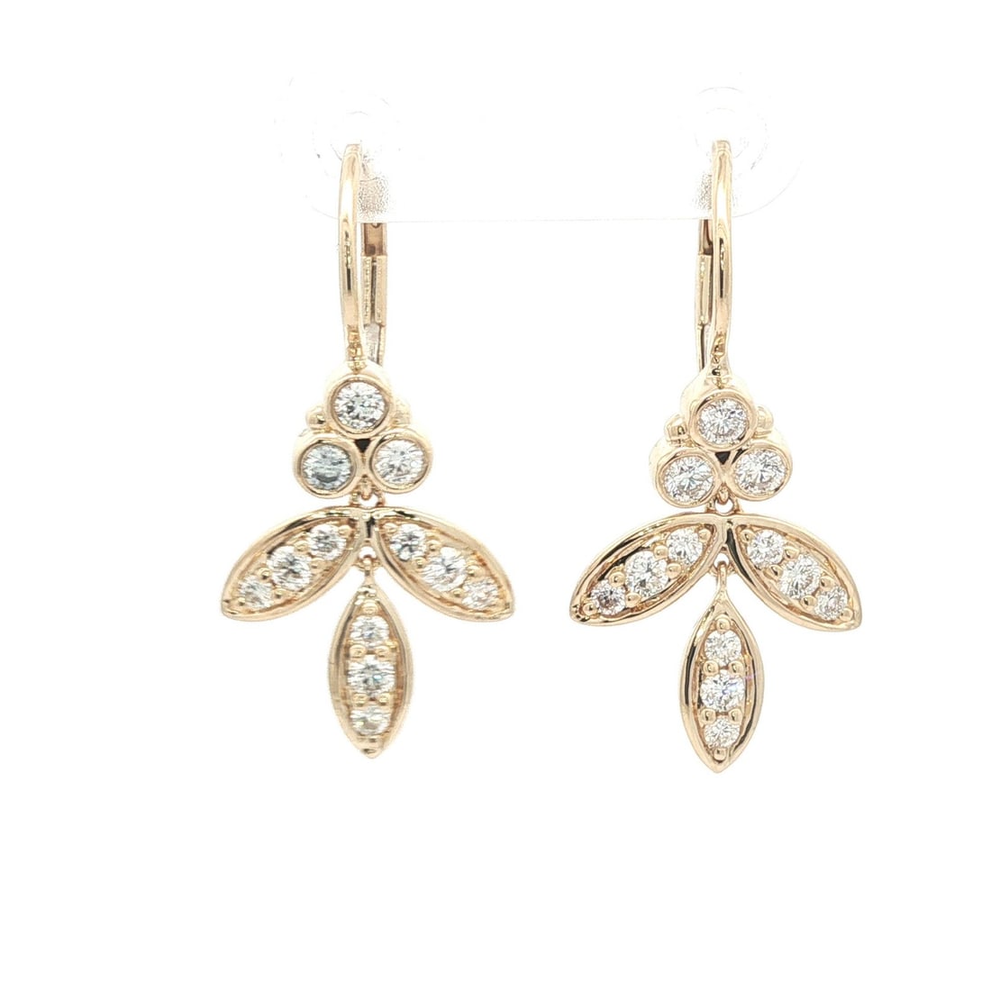 Floral Leaf Dangle Earrings in 14k Yellow Gold with 0.90ctw Natural Diamonds: Floral Leaf Dangle Earrings in 14k Yellow Gold with 0.90ctw Natural Diamonds These elegant dangle drop earrings are crafted from solid 14k yellow gold and feature a delicate floral leaf design. Each e