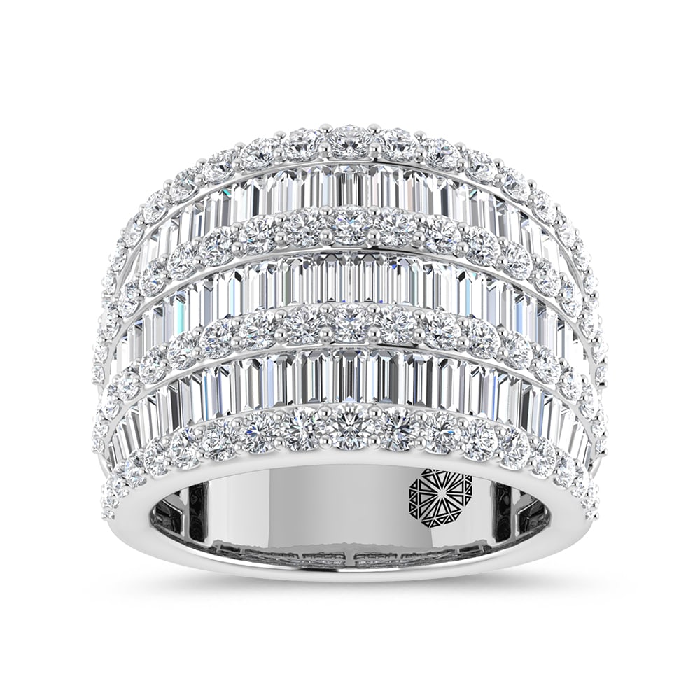 14K White Gold 3 Ct.Tw. Lab Grown Diamond Round and Baguette 3 Row Fashion Band: 14K White Gold 3 Ct.Tw. Lab Grown Diamond Round and Baguette 3 Row Fashion Band This striking 14K White Gold three-row fashion band is adorned with round and baguette lab grown diamonds totaling 3 Ct.