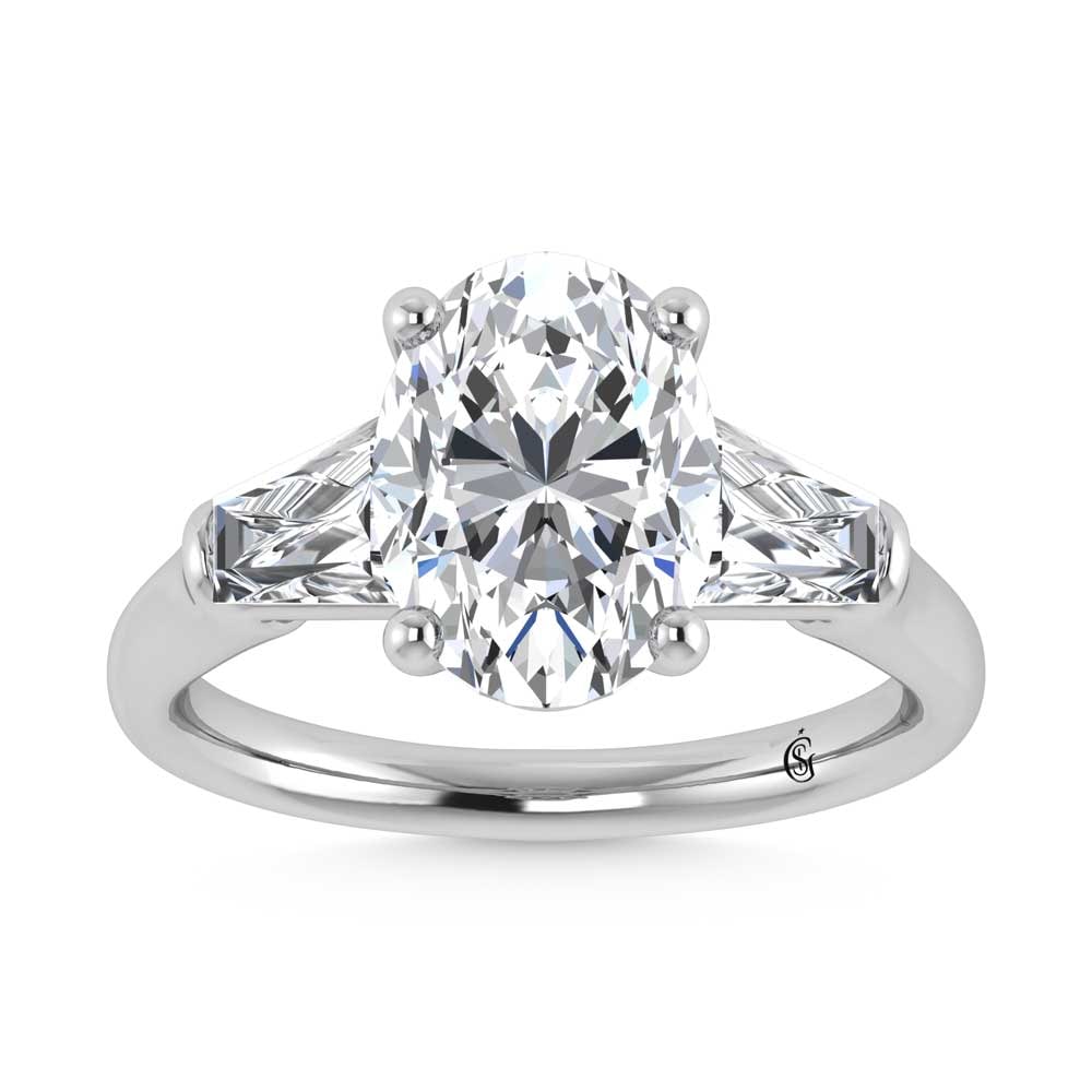 14K White Gold Lab Grown Diamond 3 5/8 Ct.Tw. Oval Shape Three Stone Engagement Ring: 14K White Gold Lab Grown Diamond 3 5/8 Ct.Tw. Oval Shape Three Stone Engagement Ring This stunning three-stone ring features a sparkling 3 CT Oval Center diamond with two shimmering side diamonds, sym