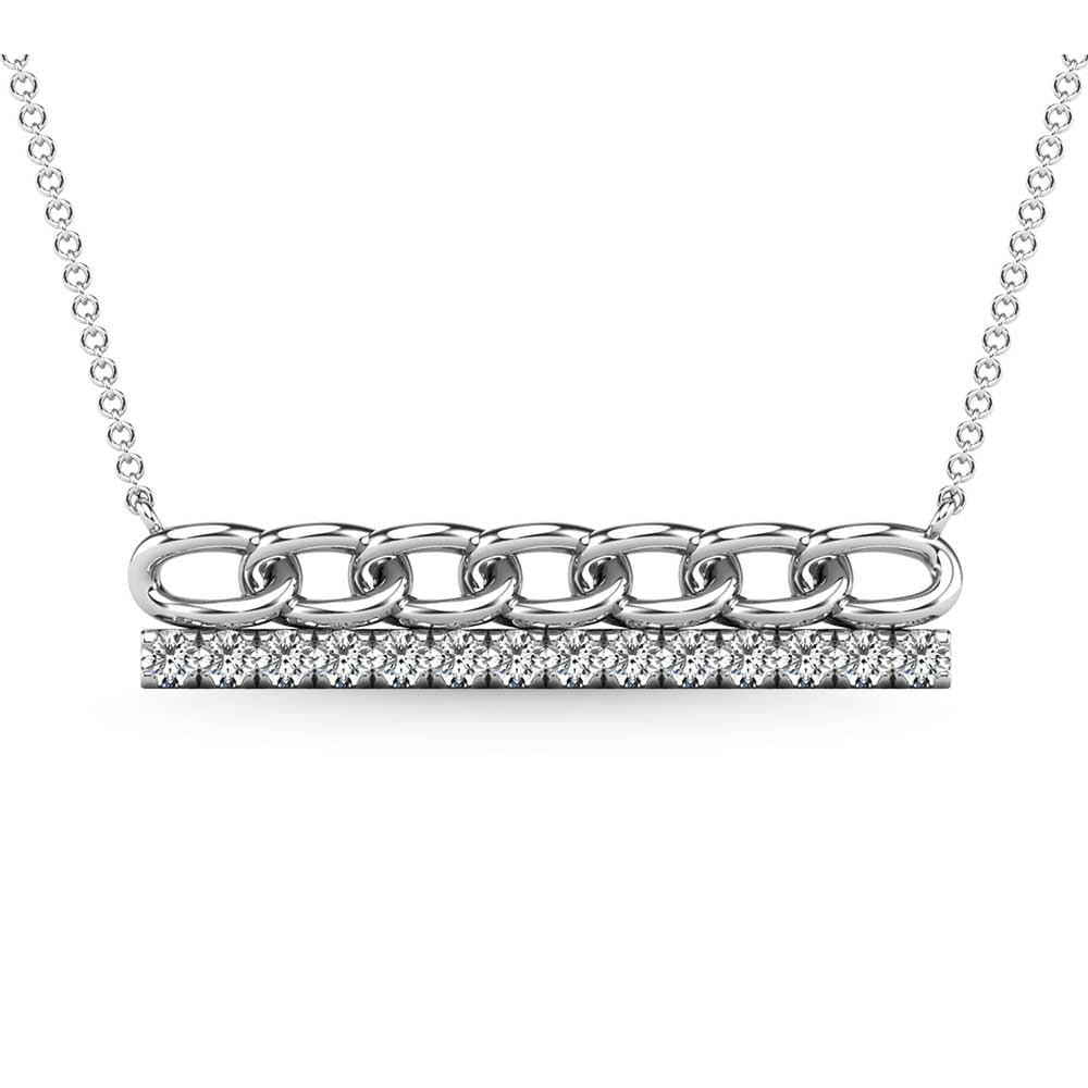 Diamond 1/5 Ct.Tw. Bar Necklace in 10K White Gold: Diamond 1/5 Ct.Tw. Bar Necklace in 10K White Gold 10k White Gold Stone Color: H-i Stone Clarity: I2 Unless otherwise specified, pendants that include a chain are paired with our standard 18-inch lengt