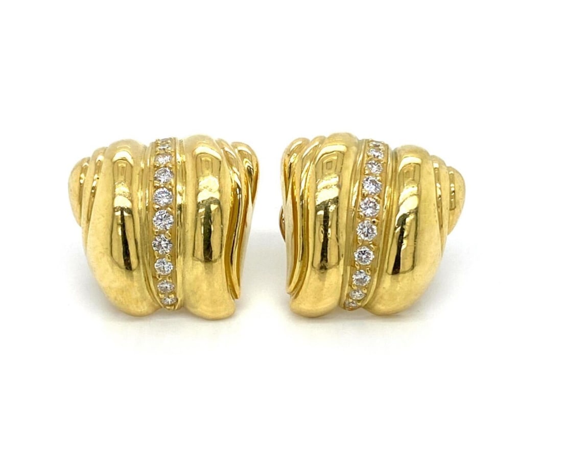 18k Yellow Gold Kieselstein-Cord Shell Motif Diamond Post Clip Earrings (1 of 8)