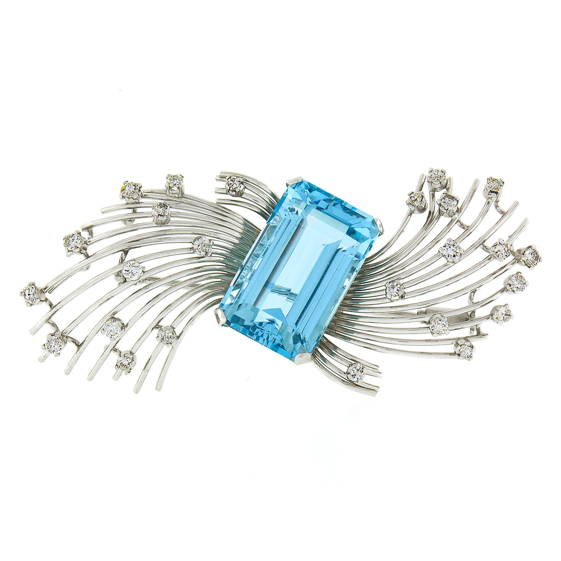 Vintage Handmade Platinum Brooch 20.50ct GIA Aquamarine & Diamond: Vintage Handmade Platinum Brooch 20.50ct GIA Aquamarine & Diamond This exquisite vintage brooch is handcrafted from solid platinum, featuring a stunning GIA certified aquamarine at its center. The cen