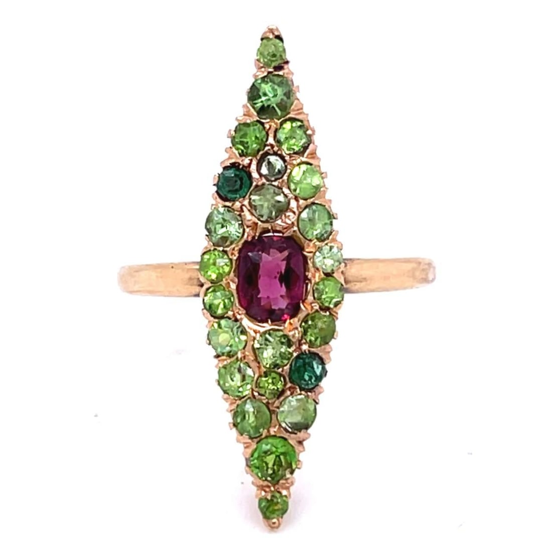 Victorian 18K Yellow Gold Ruby and Demantoid Garnet Ring: Victorian 18K Yellow Gold Ruby and Demantoid Garnet Ring This exquisite Victorian ring is crafted from 18K yellow gold and features a stunning arrangement of gemstones. At its center, a vibrant ruby w
