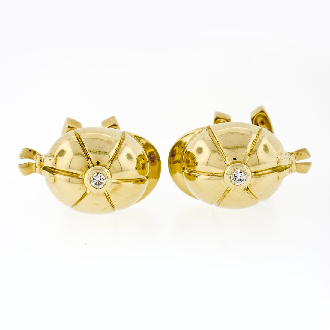 Piaget 1993 18k Gold Diamond Jockey Cap Cufflinks with Horse Shoe Backs: Piaget 1993 18k Gold Diamond Jockey Cap Cufflinks with Horse Shoe Backs Elevate your style with these exquisite Piaget cufflinks from 1993, crafted from solid 18k yellow gold. The cufflinks feature a
