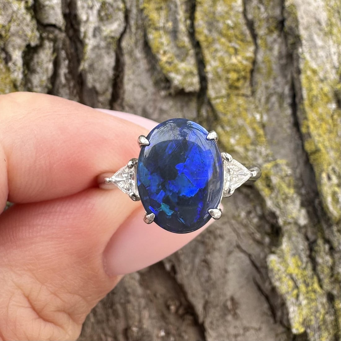 Platinum Ring with 3.47ctw Black Opal and Trillion Cut Diamond Accents: Platinum Ring with 3.47ctw Black Opal and Trillion Cut Diamond Accents This platinum cocktail ring features a natural black opal with blue and green play of color, cut in an oval cabochon shape and