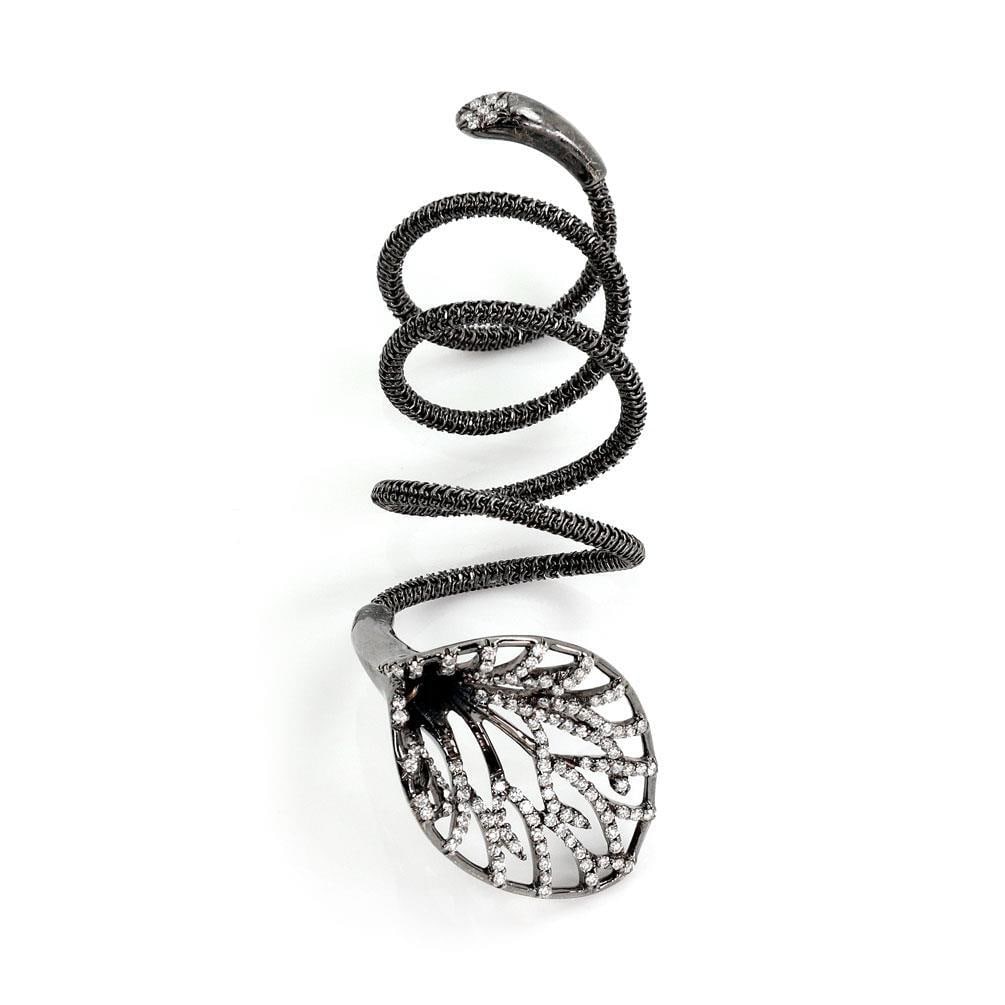 Giova Diamonds 18k Black Gold Long Flower Wrap Ring GF 750 Italy: Giova Diamonds 18k Black Gold Long Flower Wrap Ring GF 750 Italy This stunning designer ring features a unique long wrap design, expertly crafted from 18k black gold. The ring showcases an intricate f