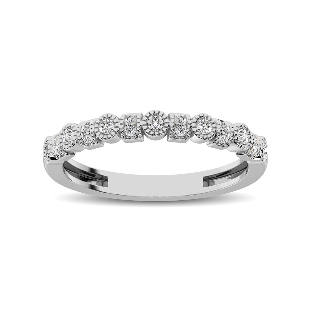 14K White Gold 1/6 Ct.tw Diamond Band: 14K White Gold 1/6 Ct.tw Diamond Band This vintage style stackable band crafted in warm 14K White Gold and features bezel-set round diamonds alternating with reCt.Tw.angular frames sparkling with two