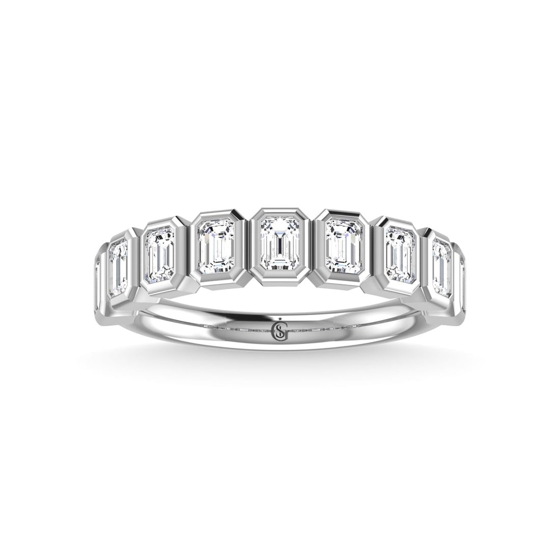 14K White Gold Lab Grown Diamond 7/8 Ct.Tw. Emerald Shape Half way Bezel Band: 14K White Gold Lab Grown Diamond 7/8 Ct.Tw. Emerald Shape Half way Bezel Band Exude elegance with this 14K White Gold Bezel Band, featuring 7/8 Ct.Tw. of stunning emerald-shaped lab-grown diamonds set