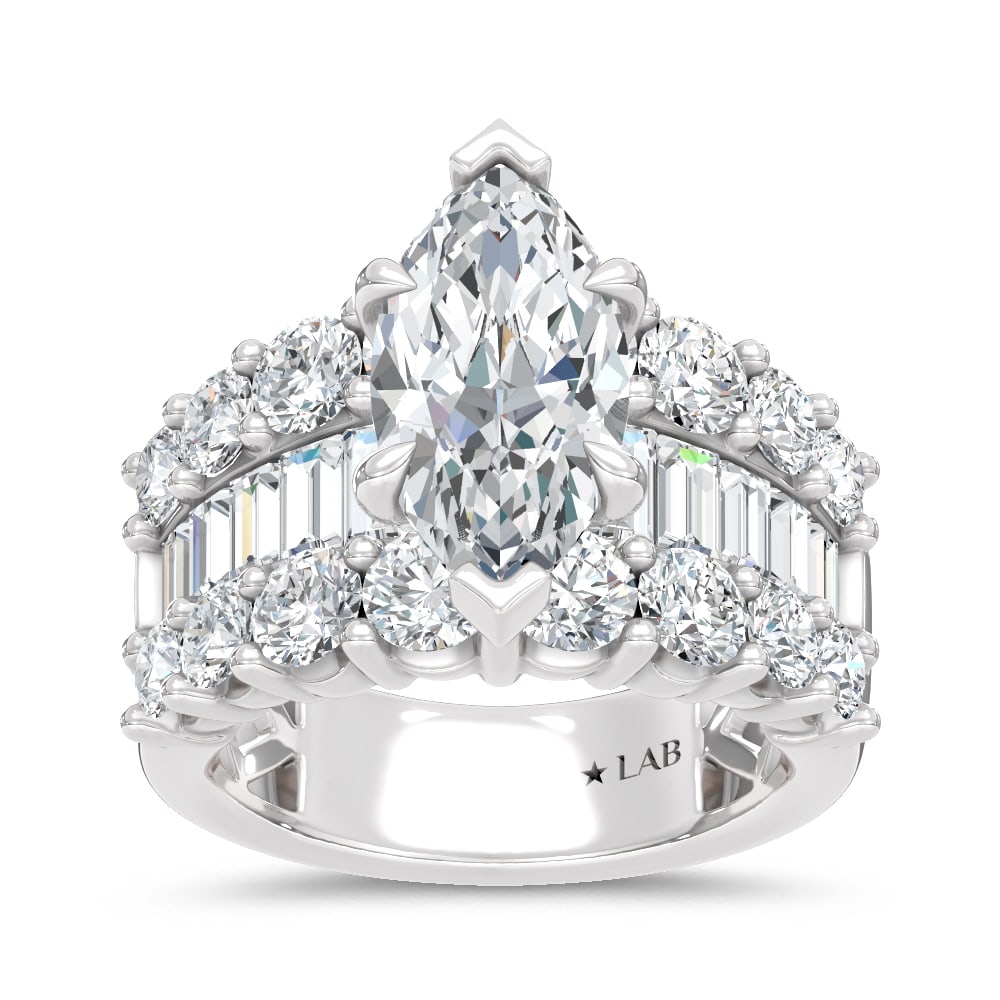 14K White Gold Lab Grown Diamond 6 3/4 Ct.Tw. Center Marquise and Baguette Engagement Ring (IGI: 14K White Gold Lab Grown Diamond 6 3/4 Ct.Tw. Center Marquise and Baguette Engagement Ring (IGI Certified Center 3ct) 14k White Gold Stone Color: D-f Stone Clarity: Vs Each ring is presented in