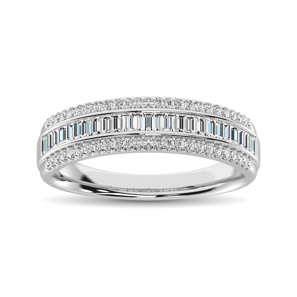 14K White Gold Round and Baguette Diamond 2/5 Ct.Tw. Anniversary Band: 14K White Gold Round and Baguette Diamond 2/5 Ct.Tw. Anniversary Band Dare to dazzle with this stunning woMen?sband. It showcases both round and baguette diamonds totaling in 2/5 CT.TW. along half of
