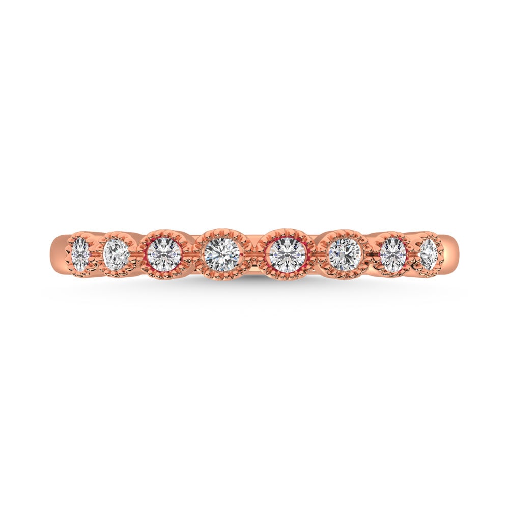 Diamond 1/6 Ct.Tw. Stack Band in 14K Rose Gold: Diamond 1/6 Ct.Tw. Stack Band in 14K Rose Gold 14k Rose Gold Stone Color: G-h Stone Clarity: I2 Each ring is presented in standard size 6.5. Complimentary resizing is available between sizes 510 (in 1