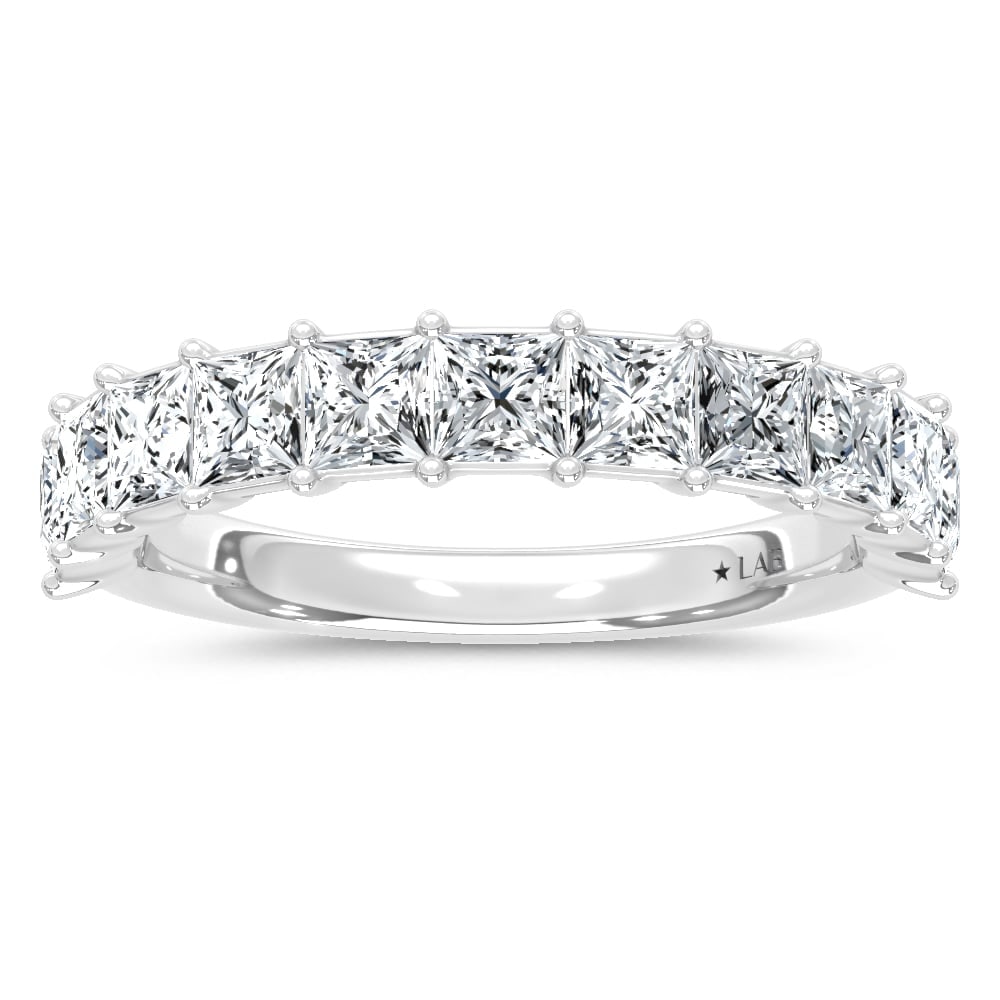 14K White Gold Lab Grown Diamond 3 Ct.Tw. Princess Band: 14K White Gold Lab Grown Diamond 3 Ct.Tw. Princess Band Radiating opulence, this 14K White Gold Band features 3 Ct.Tw. of Princess Cut Lab Grown Diamonds. The brilliant sparkle of the diamonds is comp