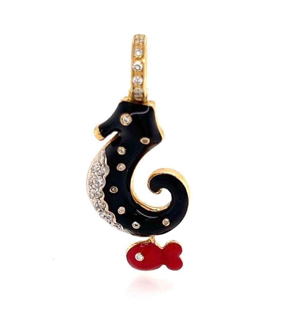 Diamond Accent Enamel Seahorse Pendant in 18k Yellow and White Gold: Diamond Accent Enamel Seahorse Pendant in 18k Yellow and White Gold This Aaron Basha seahorse fish charm pendant is expertly crafted in 18k yellow and white gold with vibrant enamel detailing. Accente