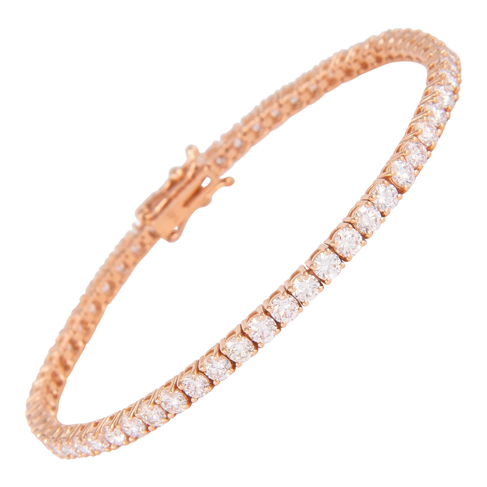 5.61ct Rose Gold Diamond Tennis Bracelet: 5.61ct Rose Gold Diamond Tennis Bracelet This exquisite 5.61ct diamond tennis bracelet features a stunning design in 14k rose gold. It showcases 59 round brilliant diamonds with a total weight of 5.61