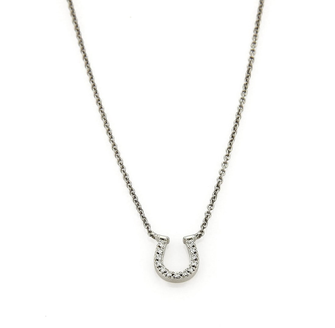 Horseshoe Pendant Necklace with Diamonds in 18k White Gold by Tiffany & Co. 16 Inch: Horseshoe Pendant Necklace with Diamonds in 18k White Gold by Tiffany & Co. 16 Inch This authentic pendant necklace features a classic horseshoe design crafted from polished 18k white gold and set wit