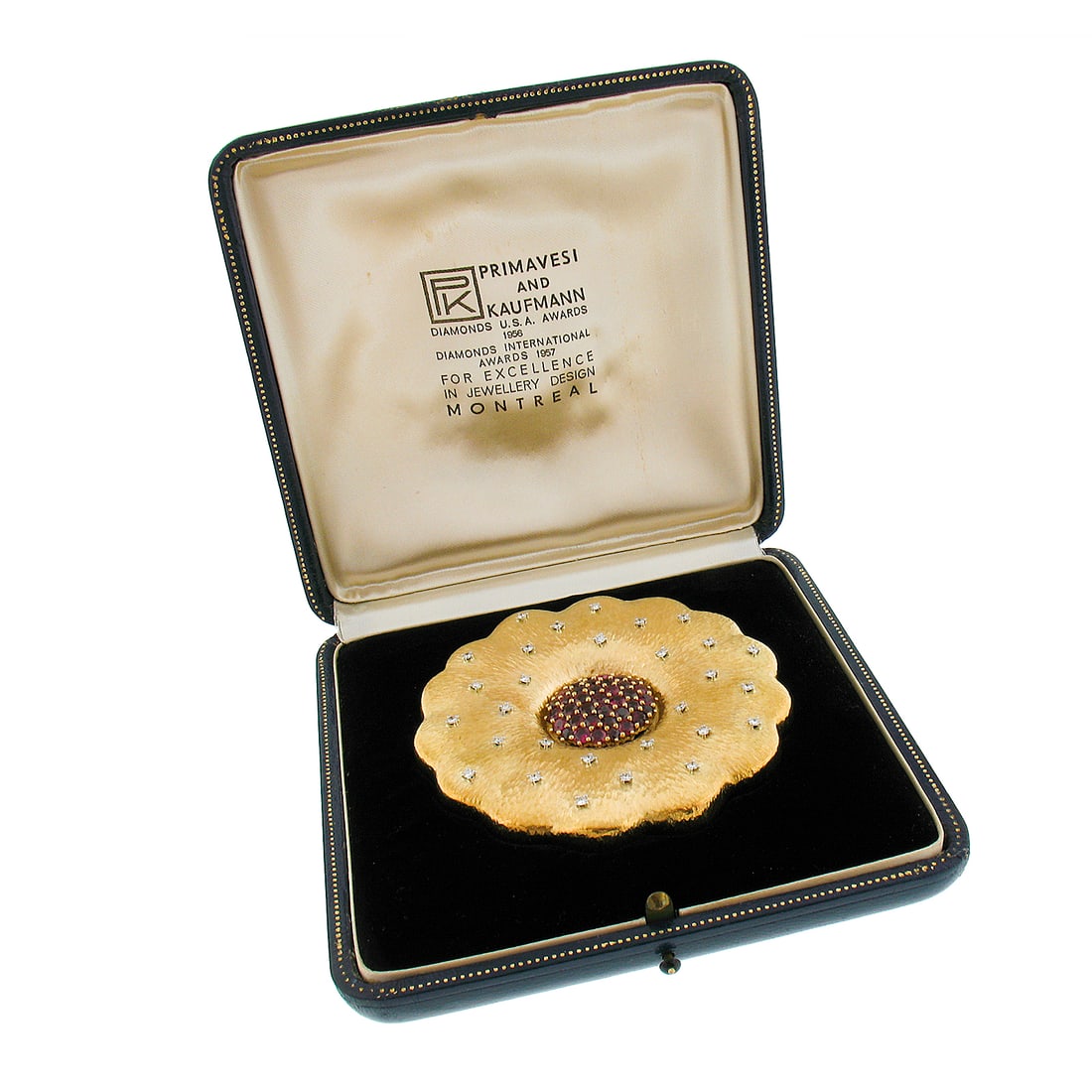 18K Gold Platinum Ruby Diamond Large Flower Brooch Pendant Vintage: 18K Gold Platinum Ruby Diamond Large Flower Brooch Pendant Vintage This striking pendant brooch features a stunning sunflower design crafted from solid 18K yellow gold and platinum. It is adorned with