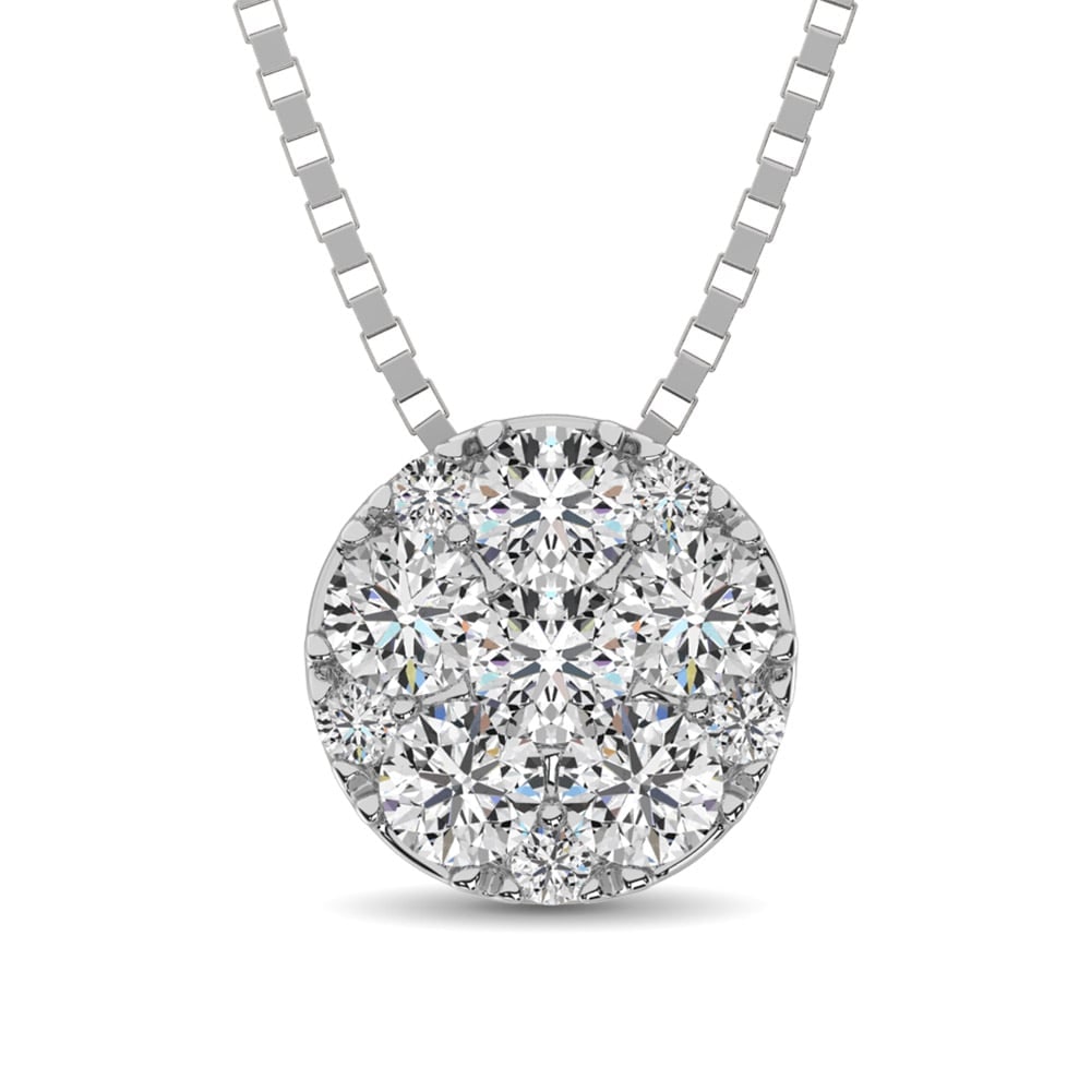 14K White Gold 1/3 Ct.Tw. Diamond Flower Pendant: 14K White Gold 1/3 Ct.Tw. Diamond Flower Pendant This beautiful circular shape 14K White Gold Pendant cover with 11 round cut diamonds of 1/3 Ct.Tw. in invisible and micro prong setting, which gives B