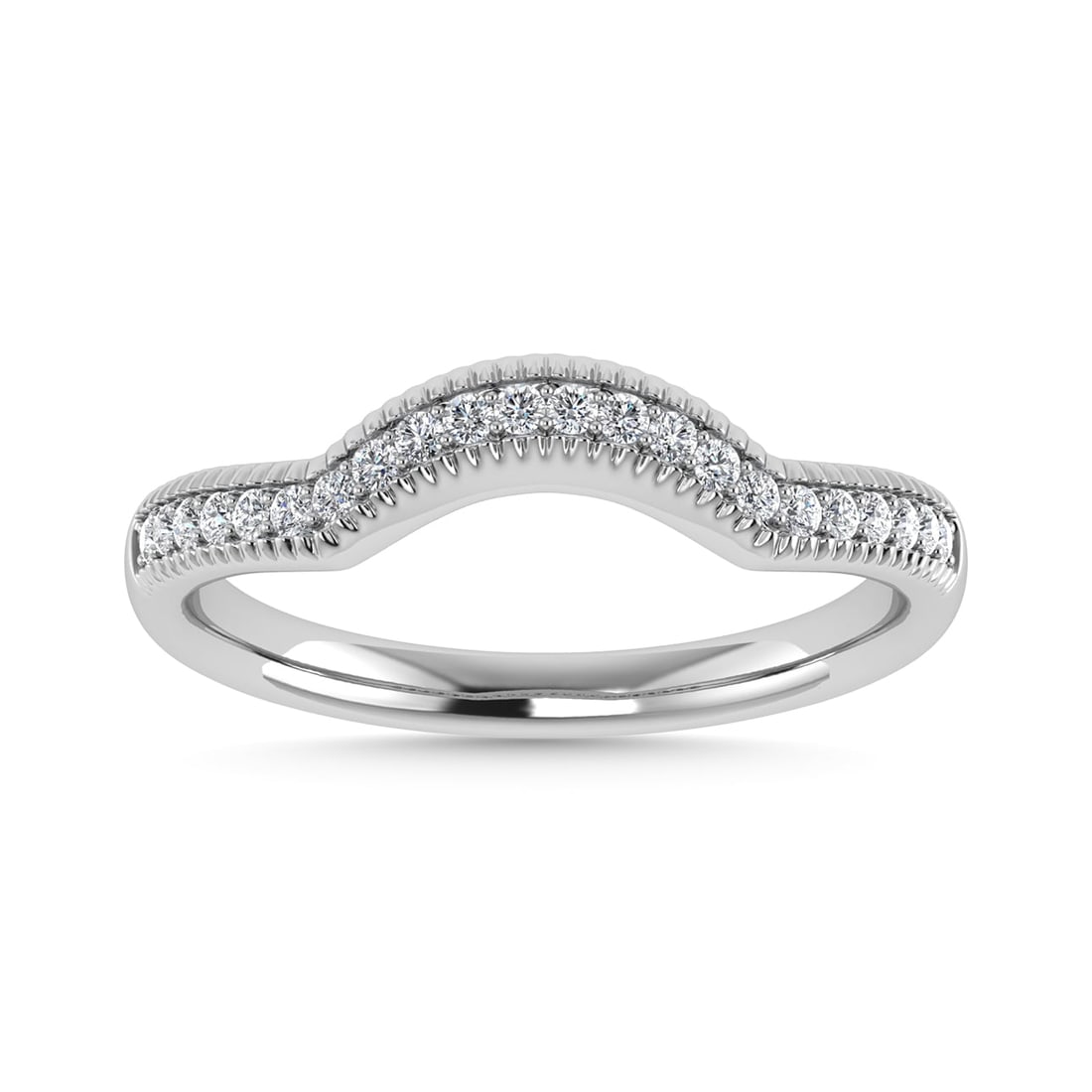 Diamond 1/10 Ct.Tw. Chevron Band in 14K White Gold: Diamond 1/10 Ct.Tw. Chevron Band in 14K White Gold 14k White Gold Stone Color: G-h Stone Clarity: Si2 Each ring is presented in standard size 6.5. Complimentary resizing is available between sizes 510