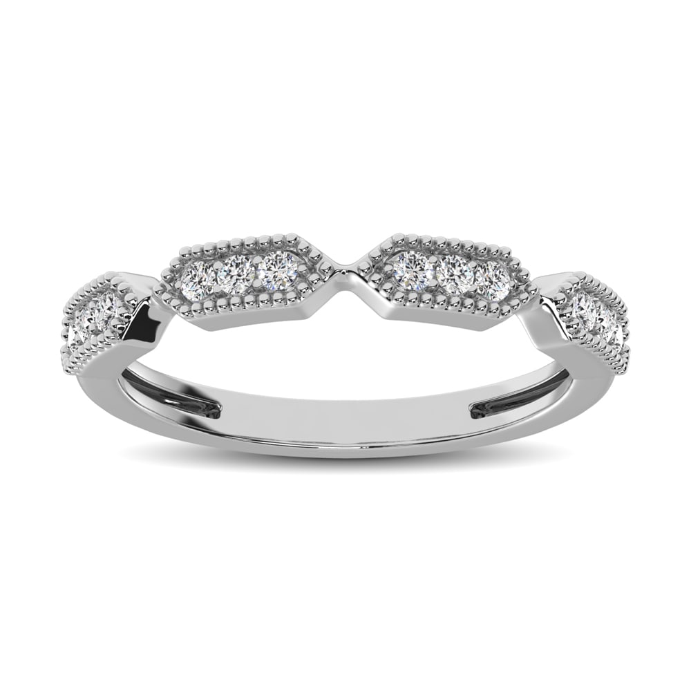 Beaded Style Band set with 1/6 Ct.tw Diamond in 14K White Gold: Beaded Style Band set with 1/6 Ct.tw Diamond in 14K White Gold Crafted in precious 14K white gold, this slim design pairs individual diamonds with quartets of diamonds in milgrain-detailed frames for