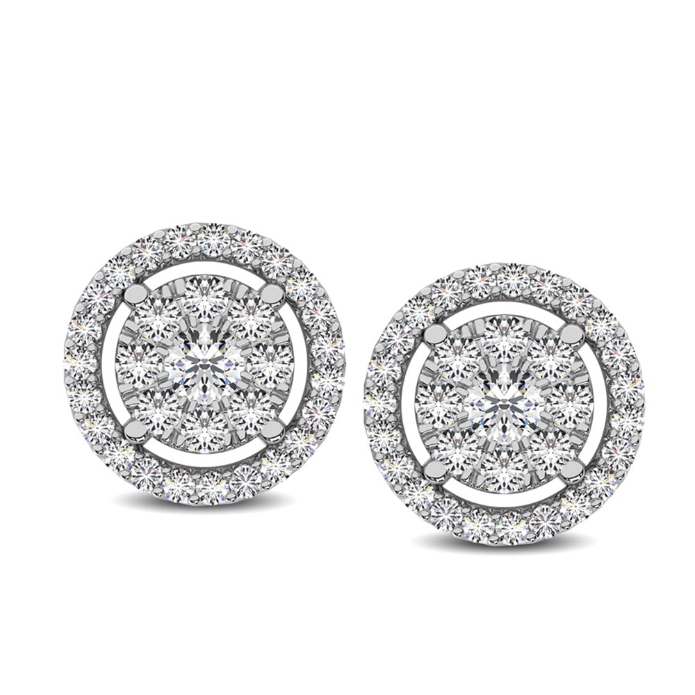 Diamond 1/2 Ct.Tw. Round Double Frame Stud Earrings: Diamond 1/2 Ct.Tw. Round Double Frame Stud Earrings Crafted in precious 10K White gold, it features a sparkling round-shaped diamond composite inside a diamond-lined circle frame. Radiant with 1/2 Ct.
