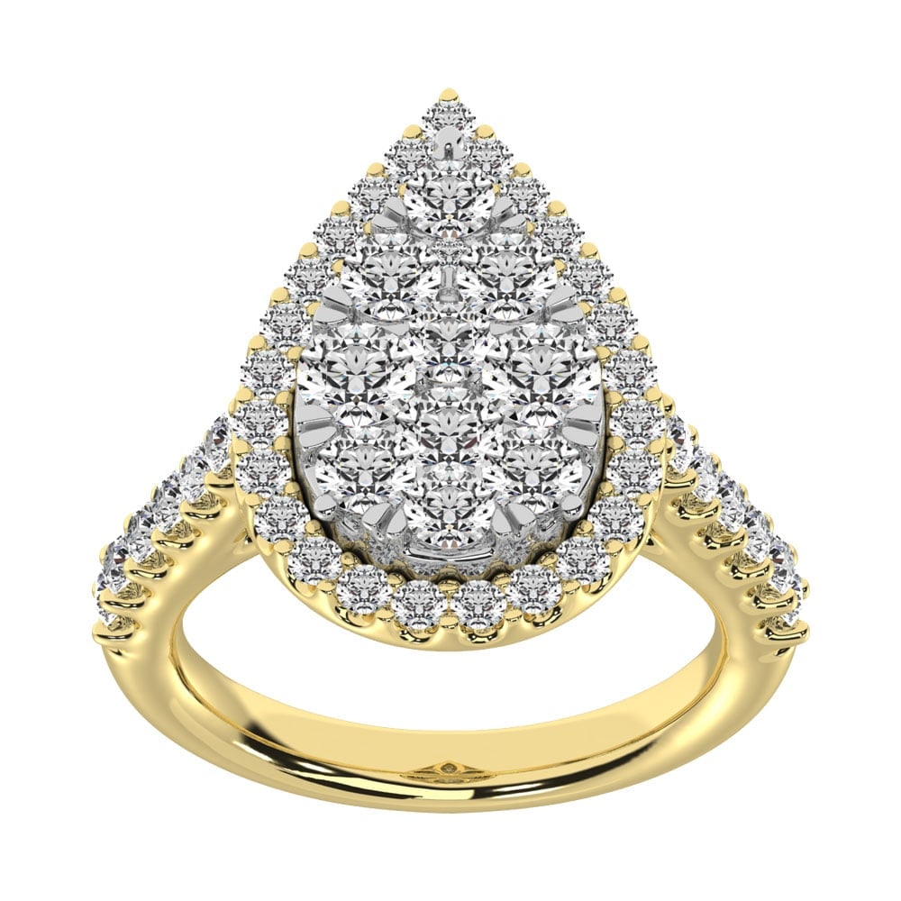 14K Yellow Gold 1 Ct.tw Diamond Fashion Ring: 14K Yellow Gold 1 Ct.tw Diamond Fashion Ring Stunning 14K Yellow gold 1 Ct.Tw. diamond fashion ring features a pear shape cluster head and surrounded by a frame of shimmering diamonds. Additional roun