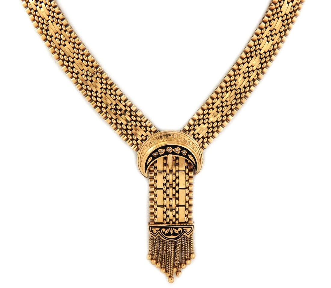 Vintage 14k Gold Crescent Moon Pearl Tassel Pendant Necklace: Vintage 14k Gold Crescent Moon Pearl Tassel Pendant Necklace This exquisite vintage pendant necklace is made from 14k yellow gold and features a stunning double crescent moon buckle adorned with delic