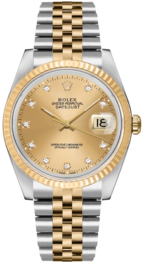Datejust 36 Champagne Diamond Dial Rolex Jubilee Ref 16233 with Papers 1991: Datejust 36 Champagne Diamond Dial Rolex Jubilee Ref 16233 with Papers 1991 This Rolex Datejust 36 features a champagne diamond dial, fluted bezel, and Jubilee bracelet. The watch is a men's model, re