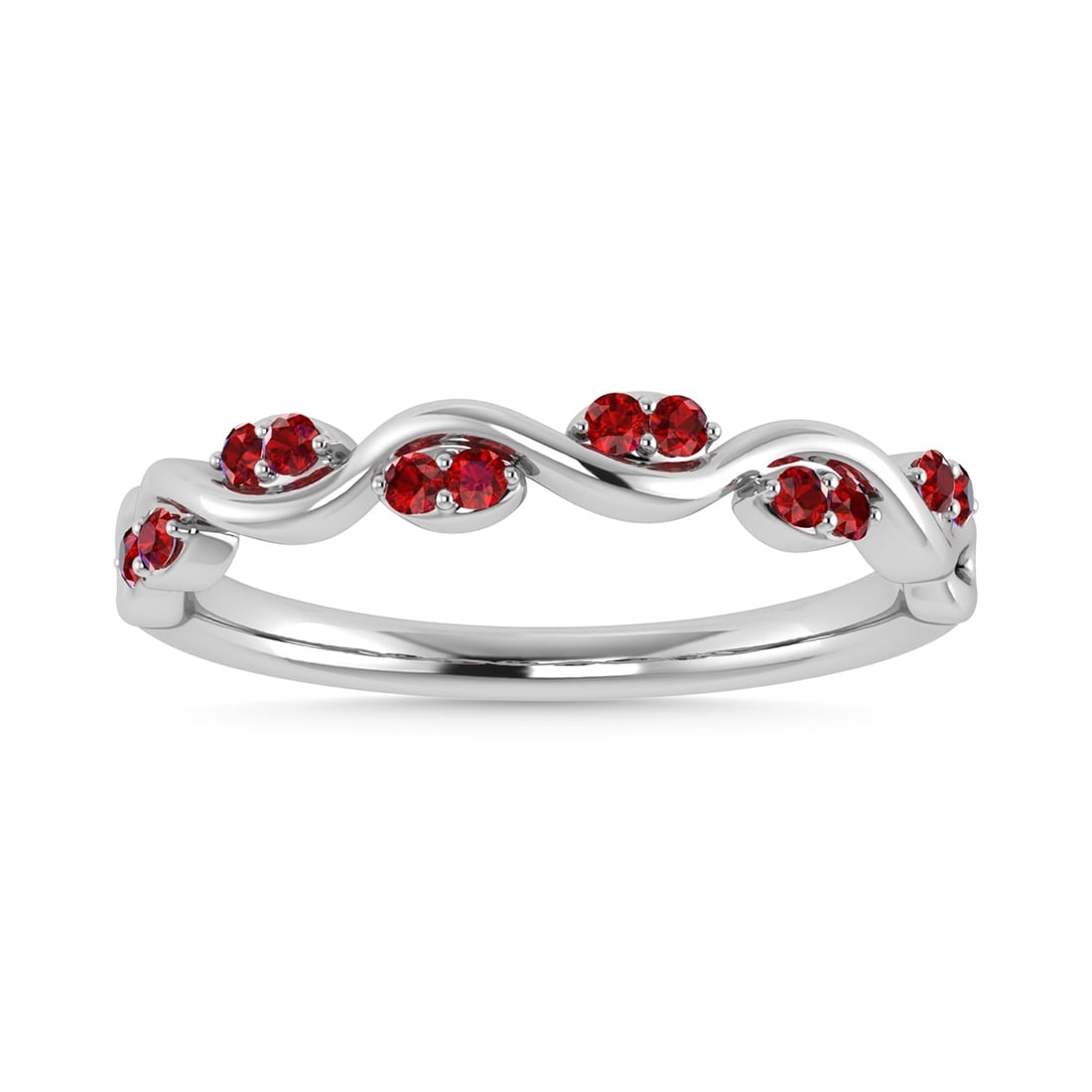 Diamond 1/6 Ct.Tw. And Ruby Wedding Band in 14K White Gold: Diamond 1/6 Ct.Tw. And Ruby Wedding Band in 14K White Gold 14k White Gold Stone Color: G-h Stone Clarity: Aaa Each ring is presented in standard size 6.5. Complimentary resizing is available between s