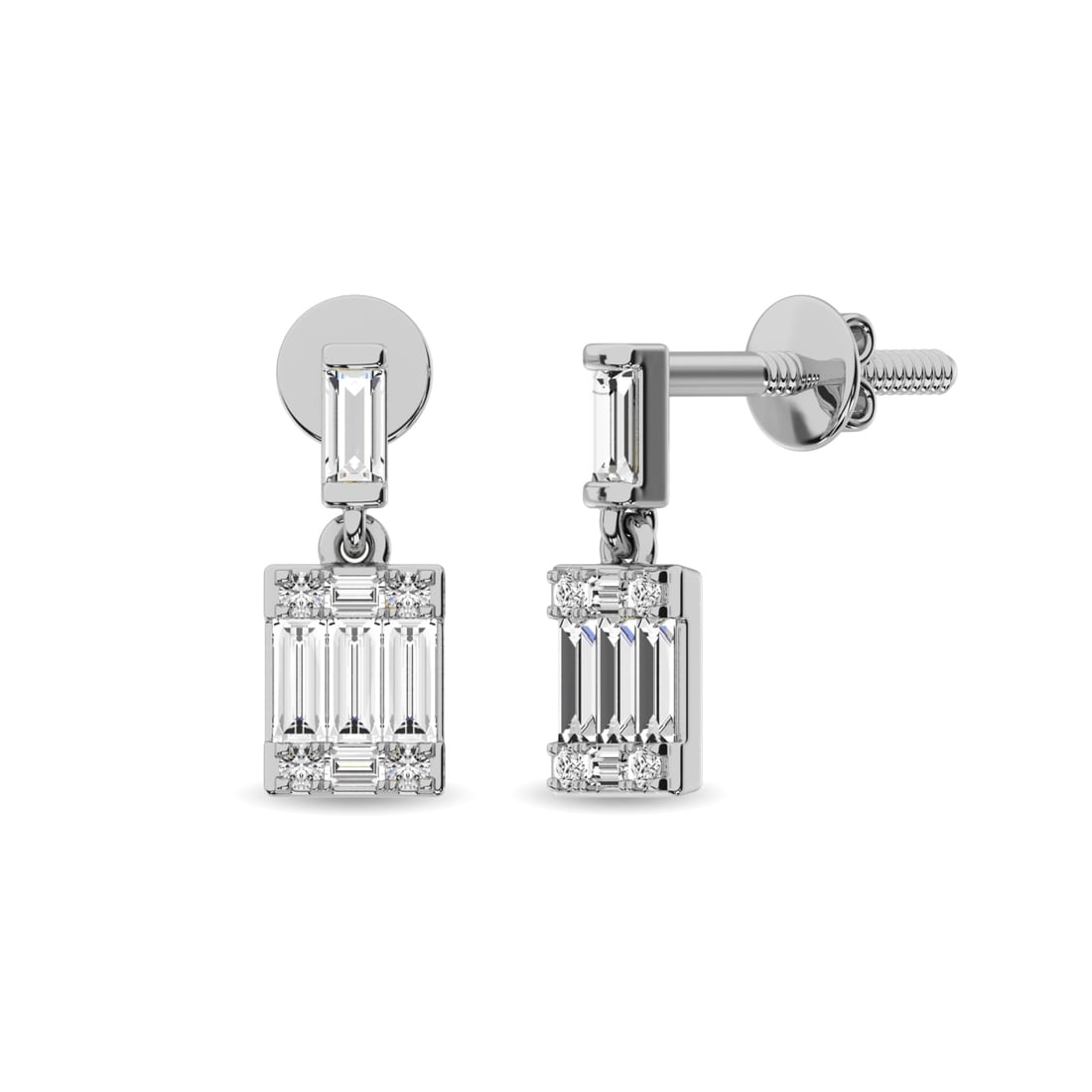 Diamond 1/4 Ct.Tw. Round and Baguette Fashion Earrings in 14K White Gold: Diamond 1/4 Ct.Tw. Round and Baguette Fashion Earrings in 14K White Gold 14k White Gold Stone Color: G-h Stone Clarity: I1 This item may take 2-5 weeks for shipping. The Diamond Depot Guarantee: All i