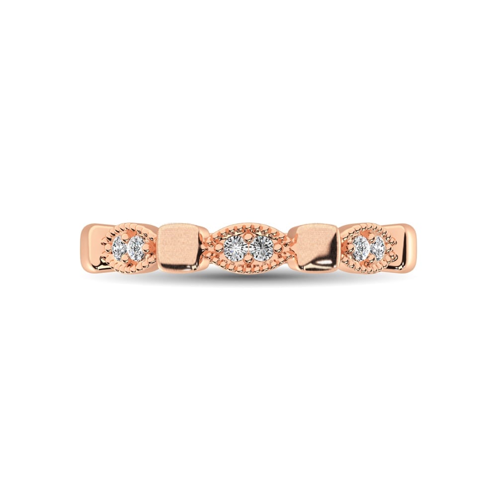 14K Rose Gold 1/10 Ct.Tw. Diamond Stackable Band: 14K Rose Gold 1/10 Ct.Tw. Diamond Stackable Band This glamorous ring is available in 14K Rose Gold. There are 6 round diamonds with a total carat weight of 1/10 Ct.Tw. set in a Shared Prong setting. 1