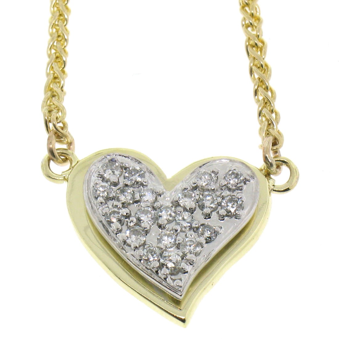 14K Yellow White Gold 0.40ctw Pave Diamond Heart Pendant Necklace: 14K Yellow White Gold 0.40ctw Pave Diamond Heart Pendant Necklace This exquisite tiered heart pendant necklace showcases a stunning combination of solid 14k yellow and white gold, elegantly designed