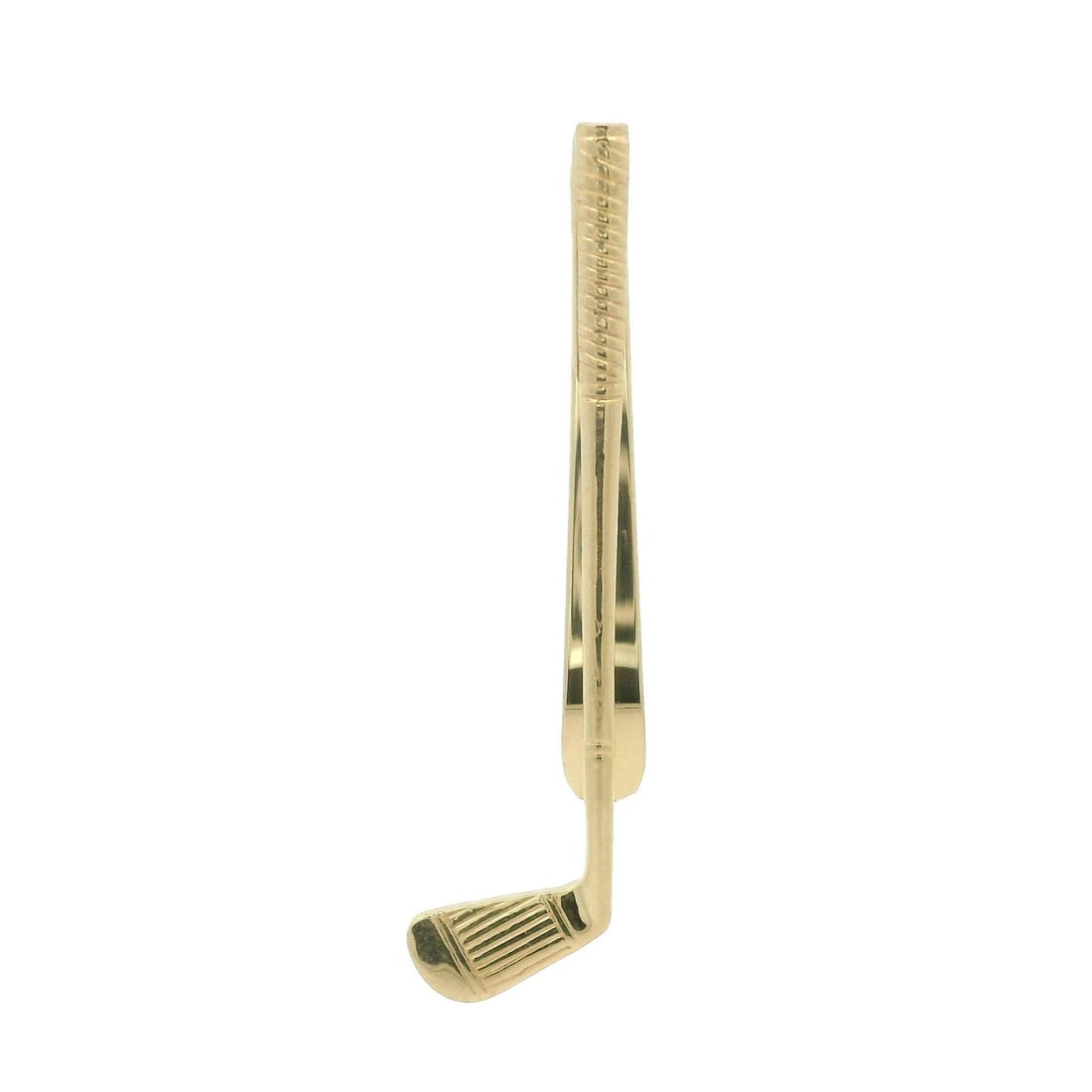 Vintage 14k Yellow Gold Golf Club Tie Bar Pin: Vintage 14k Yellow Gold Golf Club Tie Bar Pin This vintage tie bar pin is crafted from solid 14k yellow gold, showcasing a polished finish with detailed craftsmanship that highlights its golf club des