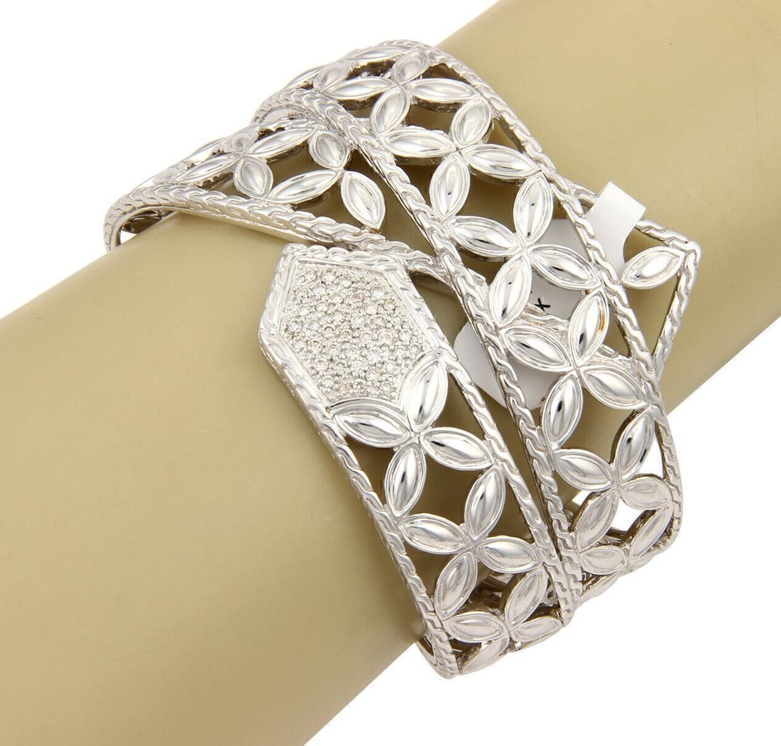 Sterling Silver Kawung Floral Cuff Bangle with Diamonds by John Hardy: Sterling Silver Kawung Floral Cuff Bangle with Diamonds by John Hardy This vintage John Hardy Kawung cuff bangle bracelet is crafted from 925 sterling silver and features a striking floral design ador