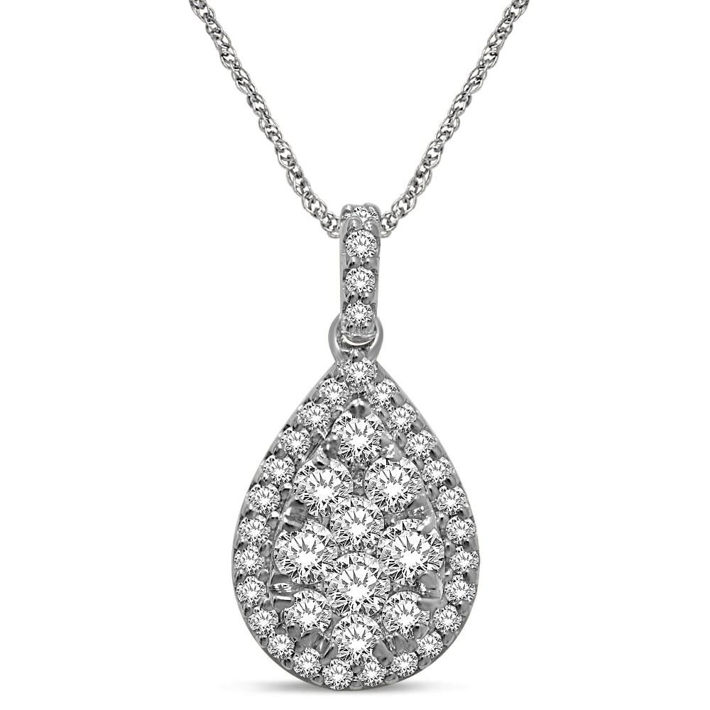 14K White Gold 1 1/5 Ct.tw Diamond Fashion Pendant: 14K White Gold 1 1/5 Ct.tw Diamond Fashion Pendant Stunning 14K white gold 1 1/5 Ct.Tw. diamond fashion Pendant features a pear shape cluster head and surrounded by a frame of shimmering diamonds. Add