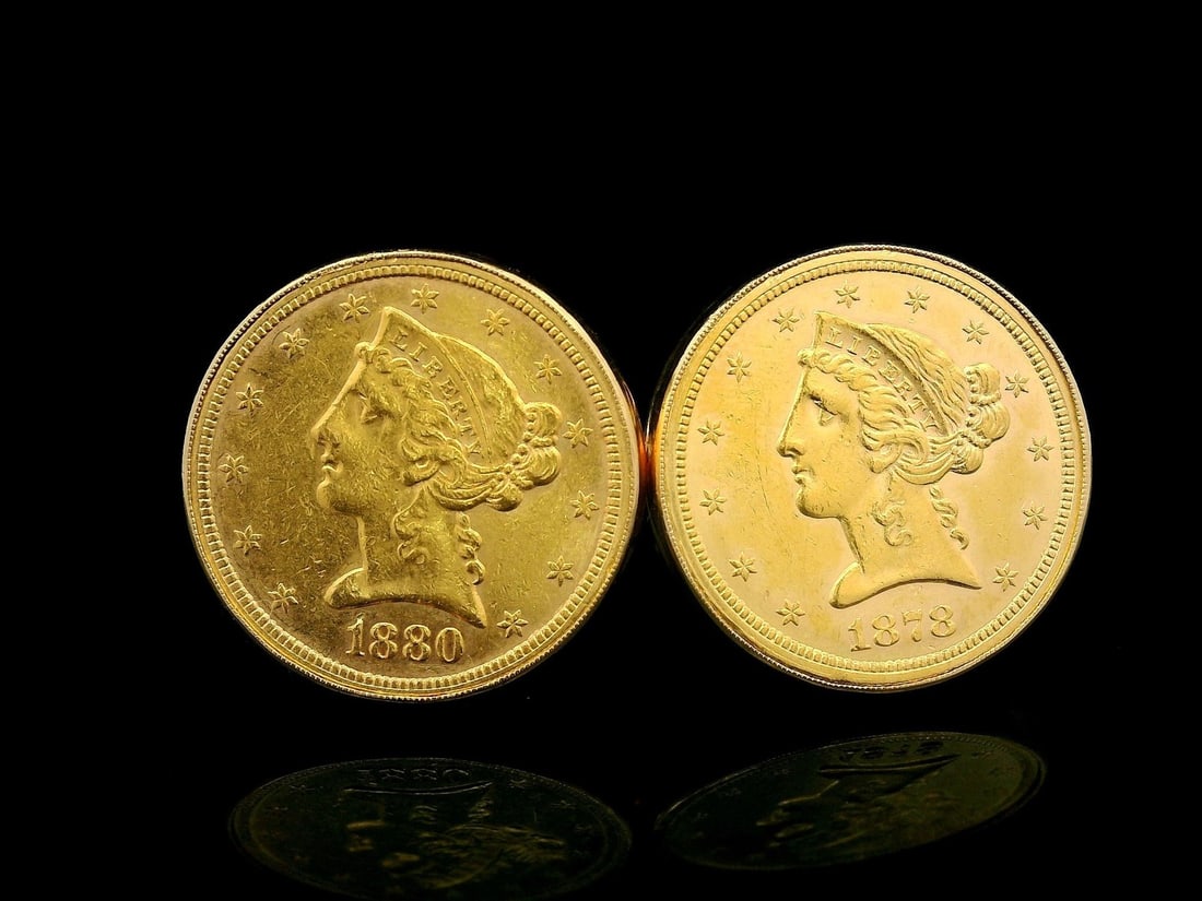 1878 1880-S $5 Liberty Gold Coin Cufflinks with Swivel Backs: 1878 1880-S $5 Liberty Gold Coin Cufflinks with Swivel Backs Enhance your accessory collection with these exquisite cufflinks featuring genuine $5 Liberty coins minted between 1878 and 1880-S. Crafted