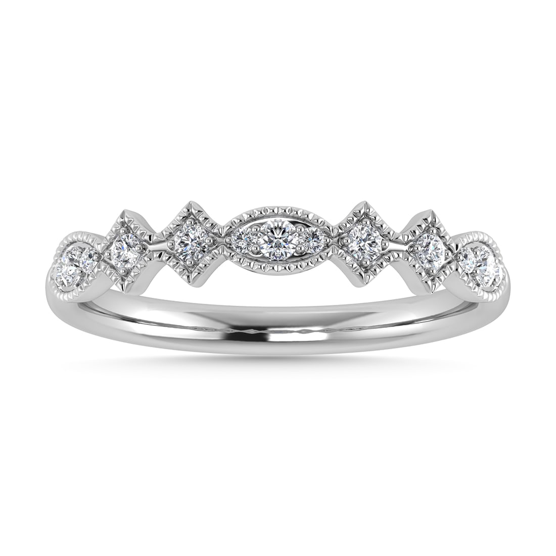 Diamond 1/5 Ct.Tw. Stack Band in 14K White Gold: Diamond 1/5 Ct.Tw. Stack Band in 14K White Gold 14k White Gold Stone Color: G-h Stone Clarity: I1 Each ring is presented in standard size 6.5. Complimentary resizing is available between sizes 510 (in
