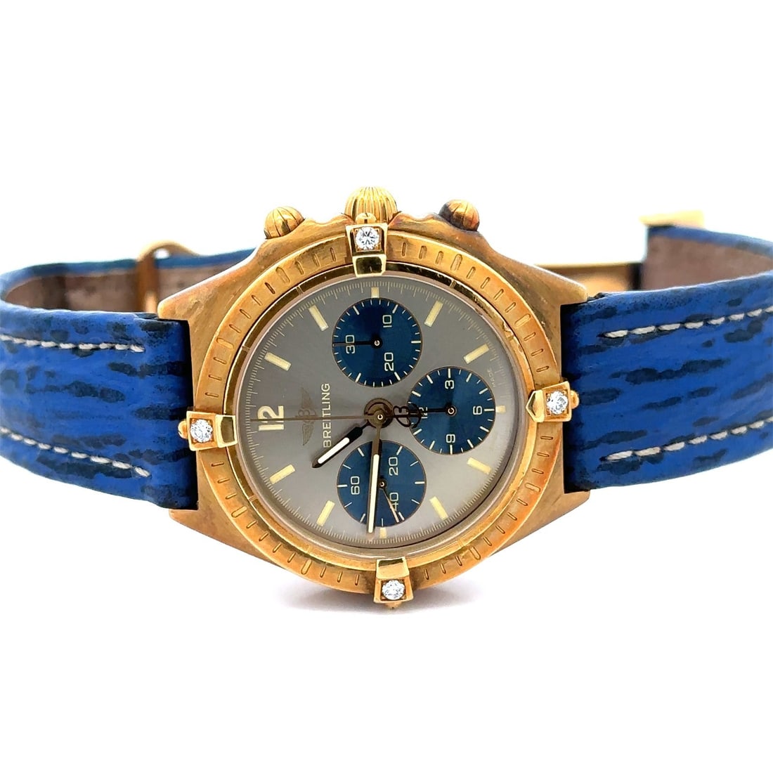 Callisto Automatic 36mm 18k Yellow Gold Wristwatch With Blue Leather Band Ref 80520: Callisto Automatic 36mm 18k Yellow Gold Wristwatch With Blue Leather Band Ref 80520 This vintage Breitling Callisto wristwatch features a 36mm solid 18k yellow gold case with a brushed finish and a fi