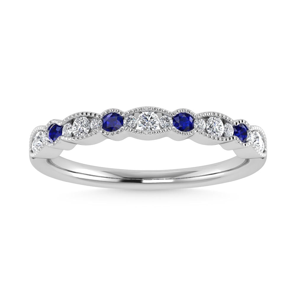 14K White Gold 1/4 Ct.Tw. Diamond and Blue Sapphire Stackable Band: 14K White Gold 1/4 Ct.Tw. Diamond and Blue Sapphire Stackable Band 14k White Gold Stone Color: G-h Stone Clarity: Aaa / Si3 Each ring is presented in standard size 6.5. Complimentary resizing is avail