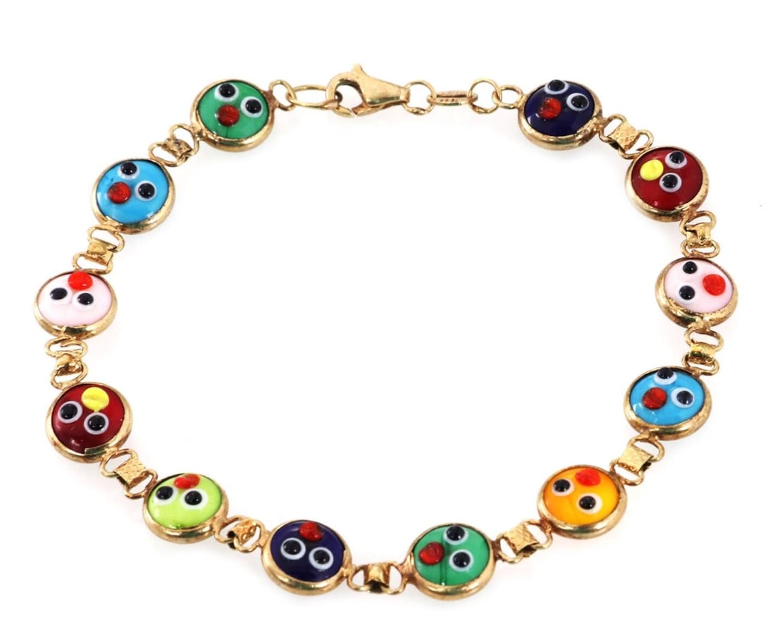 Vintage 14k Yellow Gold Link Bracelet with Enamel Happy Face Beads: Vintage 14k Yellow Gold Link Bracelet with Enamel Happy Face Beads This vintage bracelet is crafted from 14k yellow gold and features a unique bead link design. Each link is adorned with double-sided