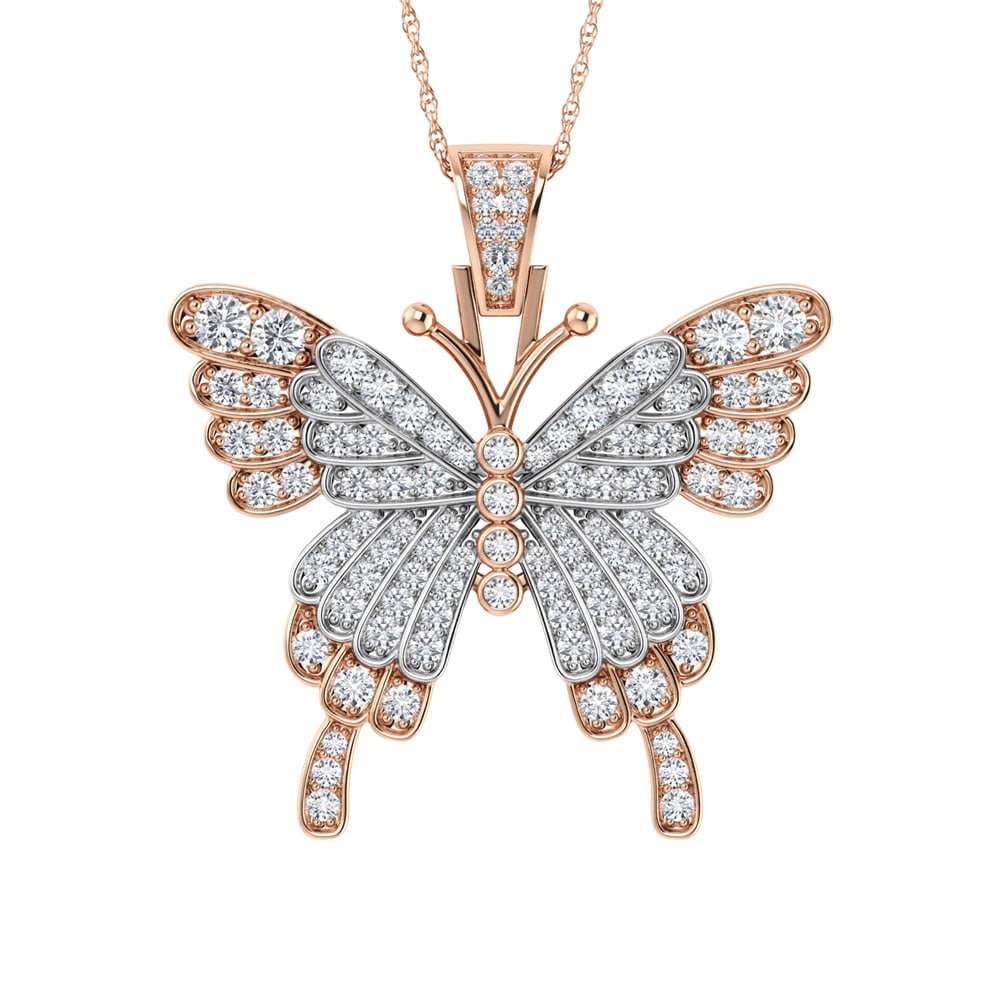 Diamond 1 3/8 Ct.Tw. Butterfly Pendant in 10K Two Tone: Diamond 1 3/8 Ct.Tw. Butterfly Pendant in 10K Two Tone 10k Two Tone Stone Color: G-h Stone Clarity: I3 Unless otherwise specified, pendants that include a chain are paired with our standard 18-inch le
