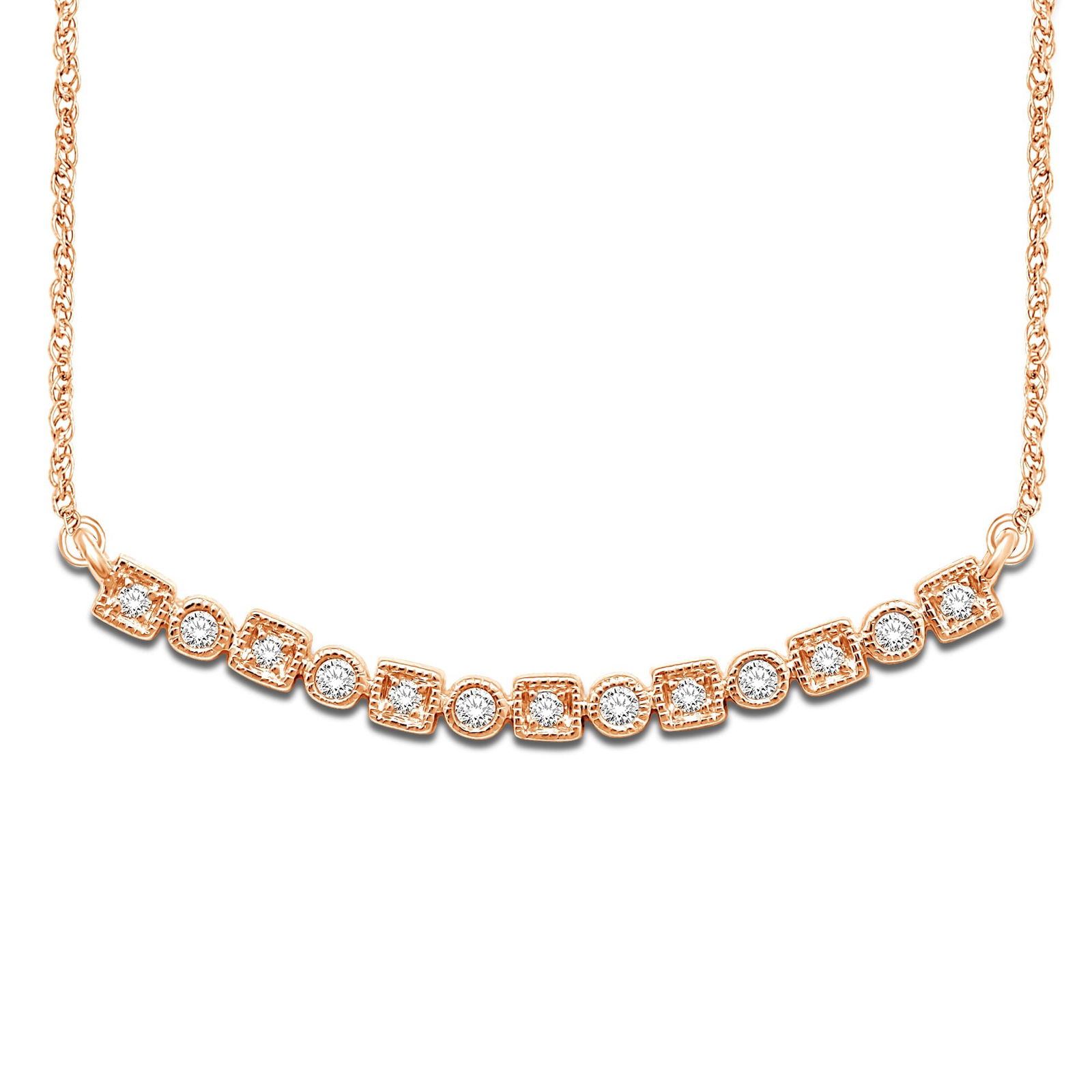 14K Rose Gold 1/8 Ct.Tw. Diamond Stackable Necklace: 14K Rose Gold 1/8 Ct.Tw. Diamond Stackable Necklace This Amazing Necklace Is Available In 14K Rose Gold. There Are 13 Round Diamonds With A Total Carat Weight Of 1/8 Ct.Tw. Set In A Bezel / Prong Sett