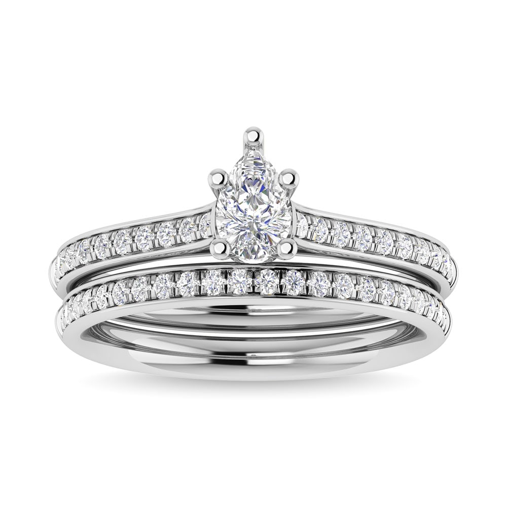 Diamond 3/4 Ct.Tw. Pear Shape Bridal Ring in 14K White Gold: Diamond 3/4 Ct.Tw. Pear Shape Bridal Ring in 14K White Gold 14k White Gold Stone Color: G-h Stone Clarity: I1 Each ring is presented in standard size 6.5. Complimentary resizing is available between s