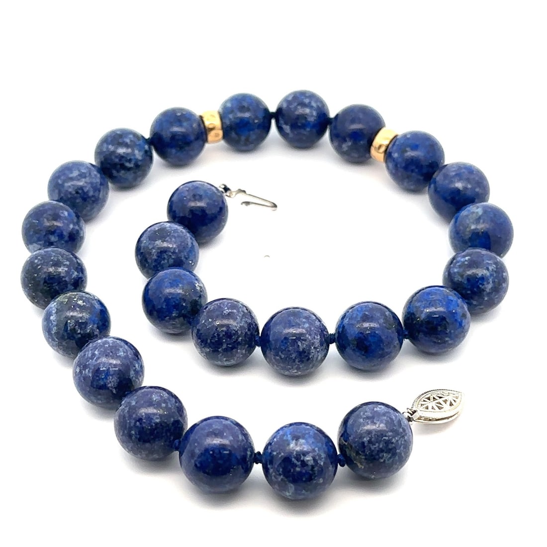 Lapis Lazuli Chunky Necklace with Sterling Silver Clasp and 14k Gold Beads: Lapis Lazuli Chunky Necklace with Sterling Silver Clasp and 14k Gold Beads Elevate your style with this stunning chunky necklace featuring large round beads of natural lapis lazuli, known for its rich