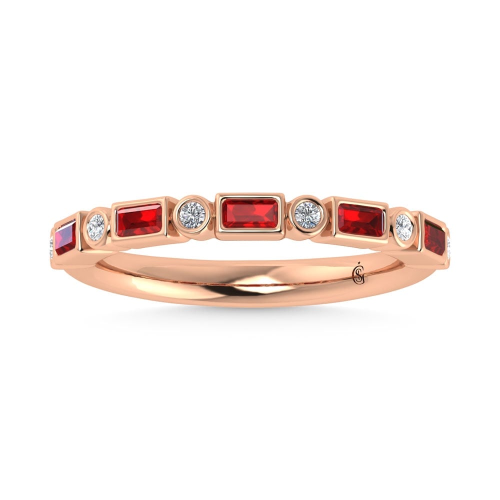 14K Rose Gold 3/8 Ct.Tw. Alternate Diamond and Ruby Stackable Band: 14K Rose Gold 3/8 Ct.Tw. Alternate Diamond and Ruby Stackable Band 14k Rose Gold Stone Color: G-h Stone Clarity: Aaa / Si2 Each ring is presented in standard size 6.5. Complimentary resizing is availa