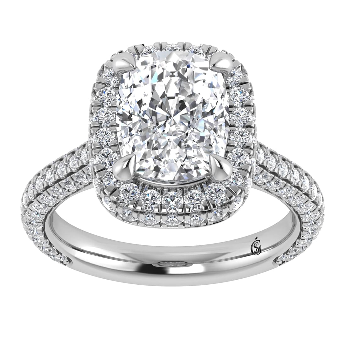 14K White Gold Lab Grown Diamond 6 1/2 Ct.Tw. Elongated Cushion Engagement Ring: 14K White Gold Lab Grown Diamond 6 1/2 Ct.Tw. Elongated Cushion Engagement Ring Celebrate your forever moment with the timeless brilliance of our Halo Diamond Engagement Ring. This exquisite piece fea