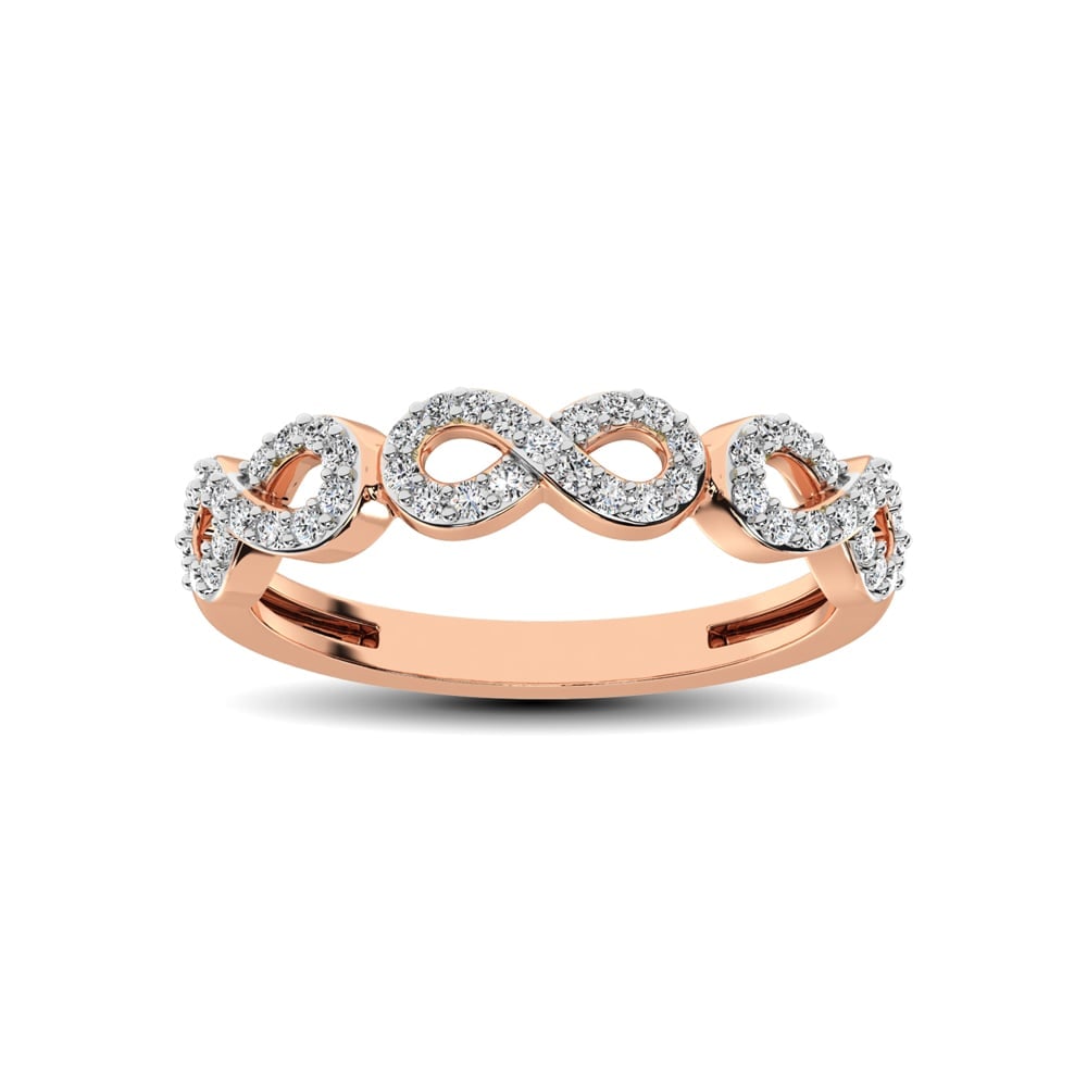 14K Rose Gold 1/4 Ct.Tw. Diamond Open Frame Stackable Band: 14K Rose Gold 1/4 Ct.Tw. Diamond Open Frame Stackable Band This beautiful Infinity ring is available in 14K Rose Gold. There are 51 round diamonds with a total carat weight of 1/4 Ct.Tw. set in a Shar