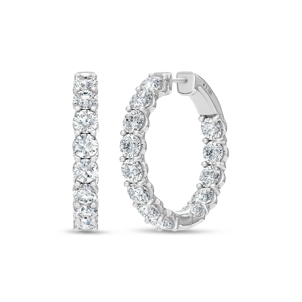14K White Gold Lab Grown Round Diamond 5 Ct.Tw. In and Out Hoop Earrings: 14K White Gold Lab Grown Round Diamond 5 Ct.Tw. In and Out Hoop Earrings 14K white gold hoops with 5 Ct.Tw. lab-grown round diamonds, in and out style. 14k White Gold Stone Color: D-f Stone Clarity: V