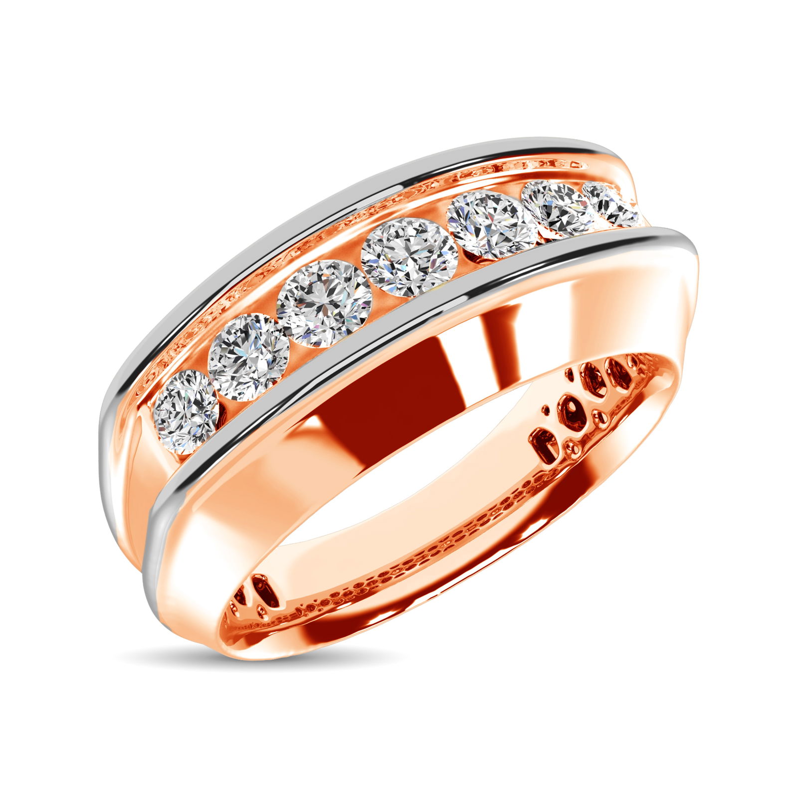 10K Rose Gold With Accent of 10K White Gold 1/2 Ct.Tw. Diamond 7 Stone Mens Band: 10K Rose Gold With Accent of 10K White Gold 1/2 Ct.Tw. Diamond 7 Stone Mens Band Make your commitment with this handsome band crafted in 10K Rose Gold With Accent of 10K White Gold. This striking mens