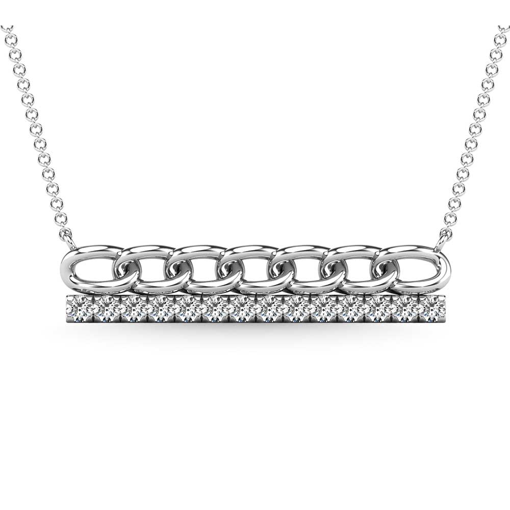 Diamond 1/5 Ct.Tw. Bar Necklace in 10K White Gold: Diamond 1/5 Ct.Tw. Bar Necklace in 10K White Gold 10k White Gold Stone Color: H-i Stone Clarity: I2 Unless otherwise specified, pendants that include a chain are paired with our standard 18-inch lengt